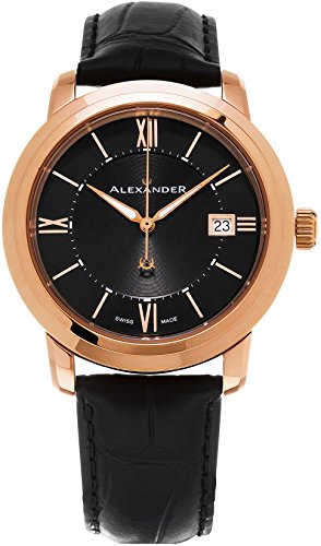 Alexander Heroic Macedon Wrist Watch For Men - Black Dial Date Analog Swiss Watch - Stainless Steel Plated Rose Gold Watch - Mens Designer Watch A111-05
