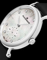 Alexander Monarch Roxana Stainless Steel White Mother of Pearl Large Face Watch For Women - Swiss Quartz Black Satin Leather Band Elegant Ladies Dress Watch A201-01