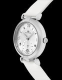Alexander Monarch Olympias Date Silver Large Face Watch For Women - Swiss Quartz Stainless Steel White Satin Leather Band Elegant Ladies Dress Watch A202-01