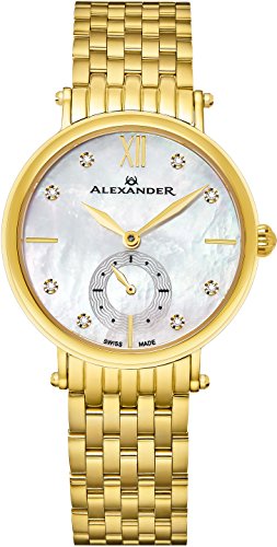 Alexander Monarch Roxana White Mother of Pearl DIAMOND Large Face Stainless Steel Plated Yellow Gold Watch For Women - Swiss Quartz Elegant Ladies Fashion Designer Dress Watch AD201B-02