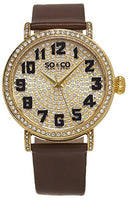 Womens Crystal Filled Dial Quartz Watch, Gold Tone Case on Brown Satin Twill Genuine Leather Strap, Gold Tone Ctystal Filedl Dial with Black Arabic Numerals, Gold Tone Crystal Filled Bezel and Luggs and Gold Tone Accents