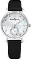 Alexander Monarch Roxana Stainless Steel White Mother of Pearl DIAMOND Large Face Watch For Women - Swiss Quartz Black Satin Leather Band Elegant Ladies Dress Watch AD201-01