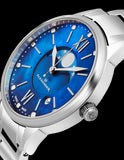 Alexander Monarch Vassilis Moon Phase Date Blue Mother of Pearl 35 MM Large Face Watch For Women - Swiss Quartz Stainless Steel Silver Band Elegant Ladies Fashion Designer Dress Watch A204B-02