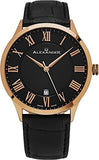 Alexander Statesman Triumph Wrist Watch For Men - Stainless Steel Plated Rose Gold Watch - Black Leather Analog Swiss Watch - Black Dial Date Mens Designer Watch A103-05