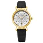 Alexander Monarch Olympias Date Silver Large Face Stainless Steel Plated Yellow Gold Watch For Women - Swiss Quartz Black Satin Leather Band Elegant Ladies Dress Watch A202-03