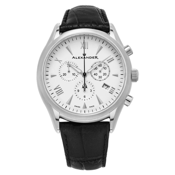 Alexander Heroic Pella Wrist Watch For Men - Black Leather Analog Swiss Watch - Silver White Dial Mens Chronograph Watch - Stainless Steel Mens Designer Watch A021-02
