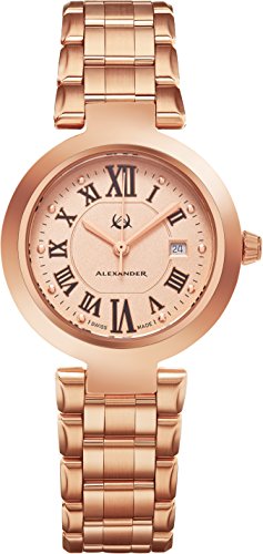 Alexander Monarch Niki Date Silver Large Face Watch For Women - Swiss Quartz Rose Gold Plated Elegant Ladies Fashion Designer Dress Watch A203B-05