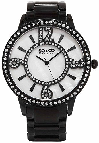 Women's Quartz Crystal Filled Numerals and Mother of Pearl Watch, Black PVD Case on Black PVD Brushed and Polished Link Bracelet, Mother of Pearl Dial, Crystal Filled Bezel, with Black and Crystal Accents