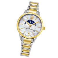 Alexander Monarch Vassilis Moon Phase Date 35 MM Mother of Pearl DIAMOND Face Stainless Steel Yellow Gold Watch For Women - Swiss Quartz Elegant Two Tone Ladies Fashion Designer Dress Watch AD204B-04